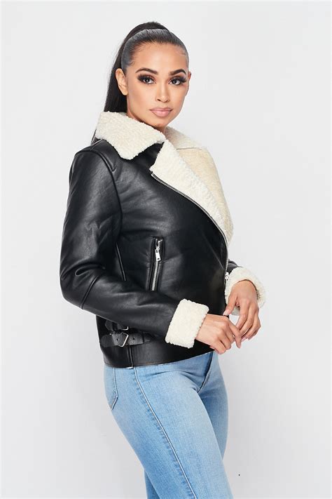 sherpa lined faux leather jacket black