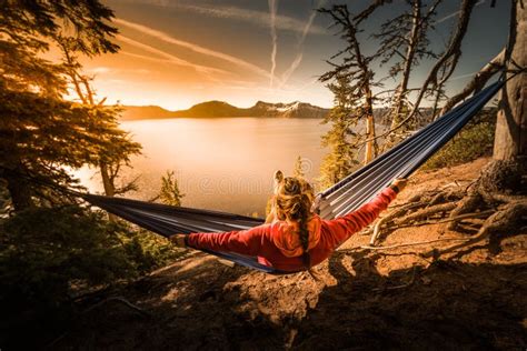 Mujeres Que Se Relajan En El Lago Oregon Crater De La Hamaca Imagen De