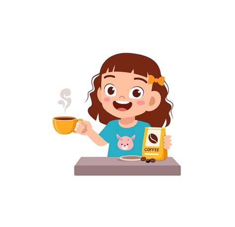 Premium Vector Little Girl Drink Hot Coffee And Feel Happy
