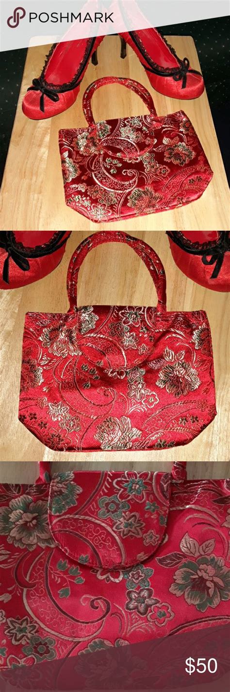 red silk floral designed strapped purse silk purse red silk striped backpack