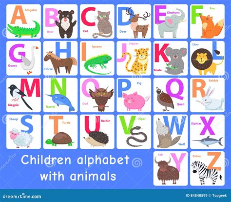Alfabeto De Los Niños Con Los Animales Letras Del Vector Fijadas