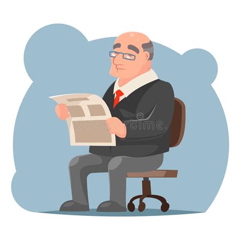 Adult Businessman Old Sit Read Newspaper Character Icon Retro Cartoon