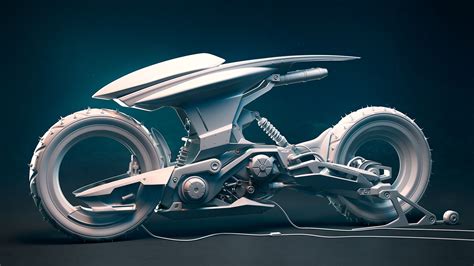 A Futuristic Motorcycle Is Shown On A Dark Background With Wires