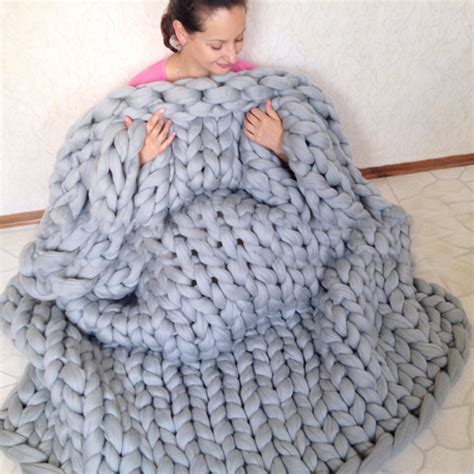Gray Handcrafted Chunky Knit Blanket Handmade Merino Wool Yarn Throw