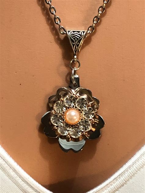 Handmade Metal Flower Necklace With Clear Crystals And Pearl Center