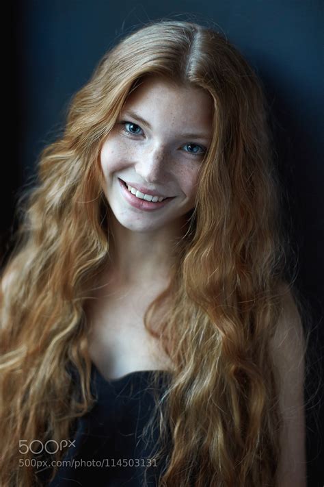 Daria Milky Women Redhead Blue Eyes Long Hair Smiling Freckles Looking At Viewer Simple