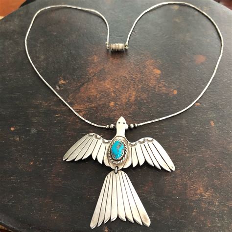 Beautiful Vintage Sterling Navajo Peyote Bird Necklace With Kingman