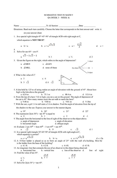 Math 9 Q4 Summative Test Wk3and4 Summative Test In Math 9 Q4 Week 3