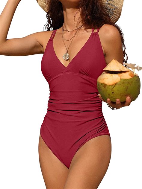 Charmo Womens V Neck One Piece Swimsuits Ruched Tummy Control Monokini
