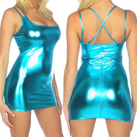Women Metallic Wet Look Shiny Bodycon Party Clubwear Short Mini Dress