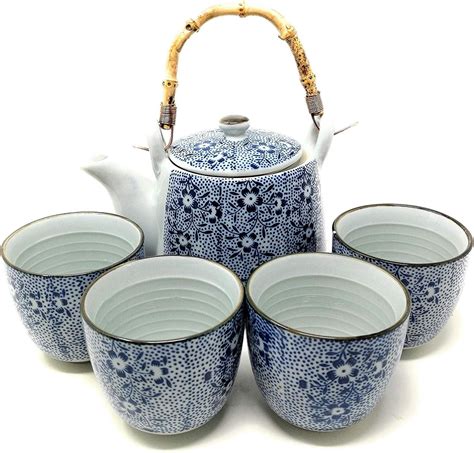 Tj Global Chinese Japanese Porcelain Tea Set With Blue Floral Design