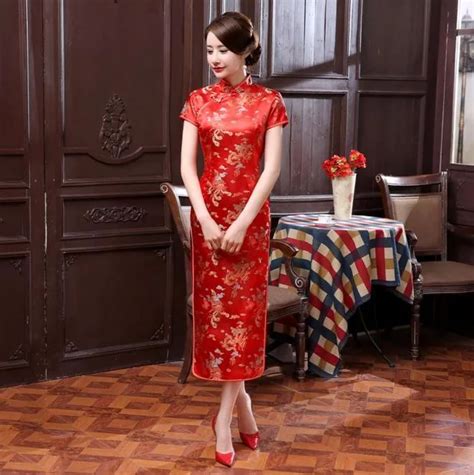 red satin qipao summer lady traditional chinese style cheongsam dresses women short sleeve long