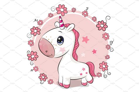 Cartoon Unicorn On A Flowers Pre Designed Vector Graphics ~ Creative