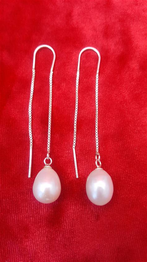 Freshwater Pearl Long Drop Threader Earrings 925 Sterling Etsy In