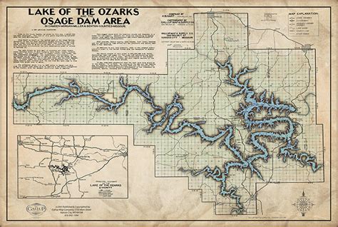Vintage Lake Of The Ozarks Old West Style Map With Mile Markers And Co