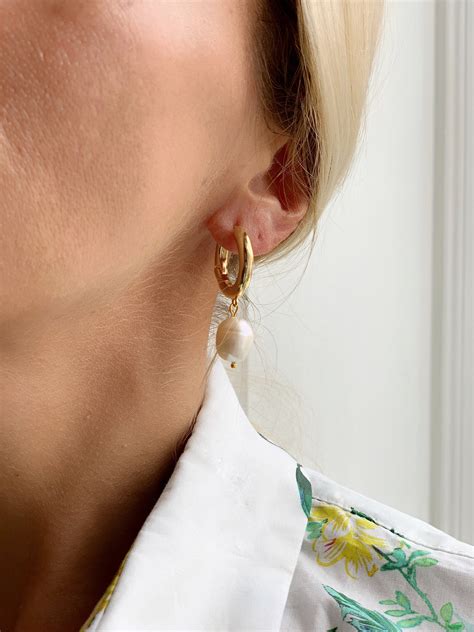 Freshwater Pearl Charm Thick Hoops Earrings · 18k Gold Plated Hoop