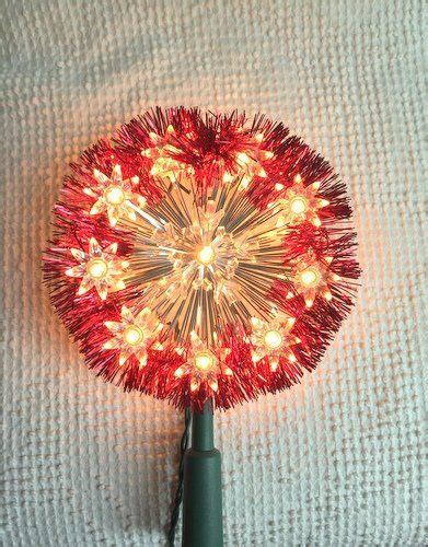 vintage lighted christmas tree topper circle  clear lights  red tinsel  snowflake