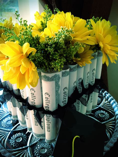 Clinton recommends a low long floral arrangement that will not block guests. Graduation Arrangement | Graduation open houses, Flower ...