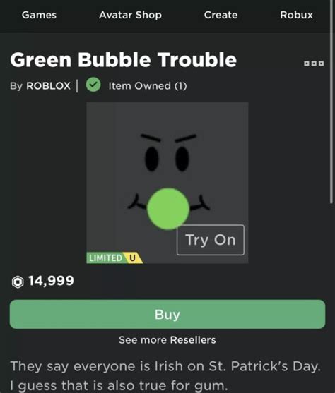Roblox Green Bubble Trouble Rare 15k Face Limited Eyes Bubbblegum Rare