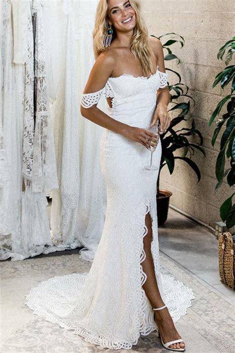 Off The Shoulder White Sweetheart Lace Sexy Mermaid Open Back Beach