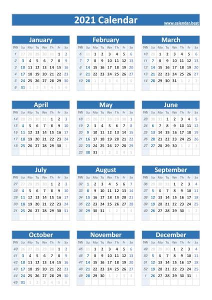 2021 Calendar With Week Numbers Calendarbest
