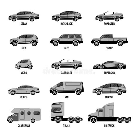 Automobile Set Isolated Car Models Of Different Sizes Or Capabilities