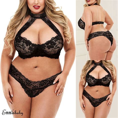 Uk Plus Size Sexy Black Lace Bra And Knicker Lingerie Set Underwear See