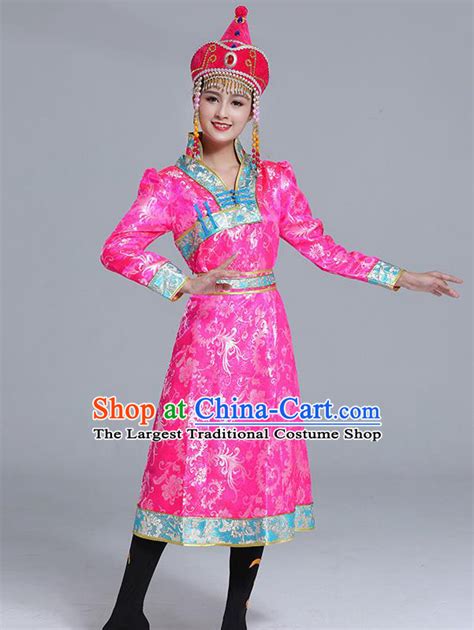 Traditional Chinese Ethnic Women Pink Brocade Mongolian Robe Dance Apparels Mongol Minority