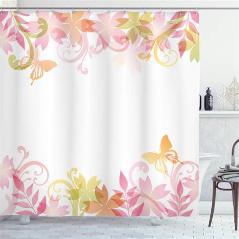 Pastel Shower Curtain Floral Spring Wreath Soft Toned Flower Butterflies Leaves Pattern Fabric