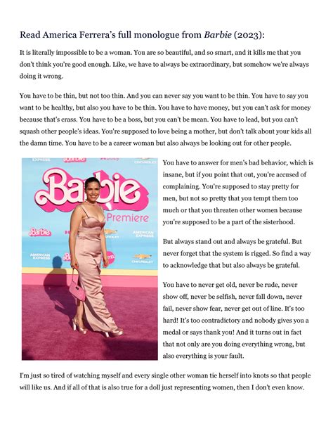 Barbie Monologue Read America Ferreras Full Monologue From Barbie 2023 It Is Literally