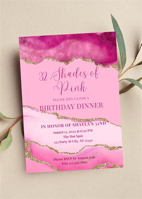 Editable Shades Of Pink Invitation Agate Birthday Dinner Etsy Uk