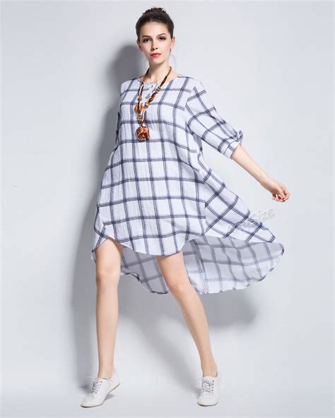 Anysize Plaids Spring Summer Soft Linenandcotton Dress Plus Size Etsy