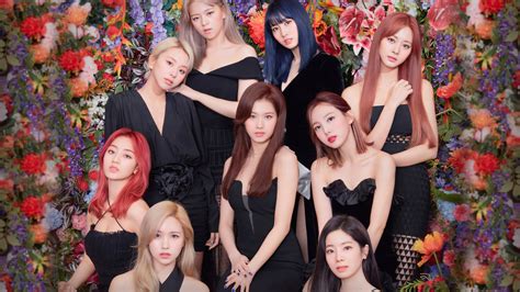 group of women women asian long hair dyed hair twice model singer k pop black clothing
