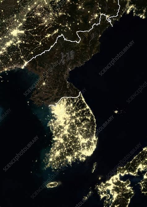 Korea at night, satellite image photographic print by planetobserver. Korean Peninsula at night - Stock Image - C024/9385 ...