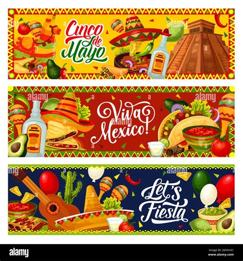Mexican Holiday Of Cinco De Mayo Vector Greeting Banners Fiesta Party Guitar Maracas And