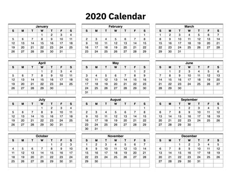 2020 Monthly Calendar Printable One Page Free