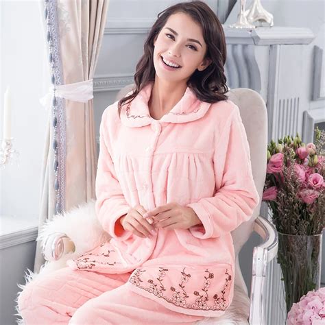 winter flannel pajamas thickening women flannel sets sleepwear female girl coral fleece lovely