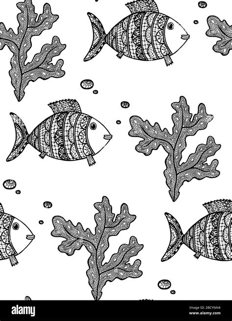 Vector Illustration With Sketch Algae And Fishes On White Background