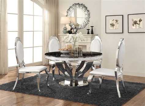 Sharp curves connect to create an airy feel, upgraded by a modern chrome finish. Anchorage Chrome Dining Room Set from Coaster | Coleman Furniture