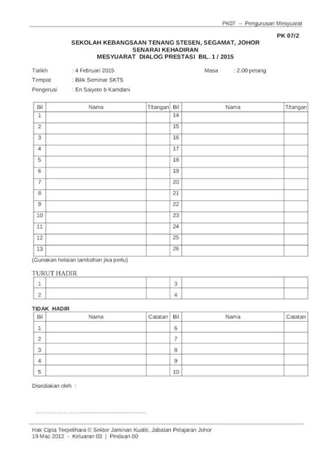 DOC Borang PK SENARAI KEHADIRAN MESYUARAT Doc DOKUMEN TIPS