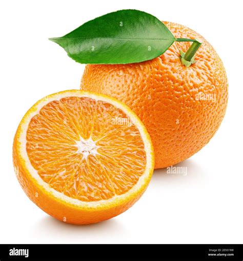Whole Ripe Orange Citrus Fruit With Leaf And Orange Half Isolated On