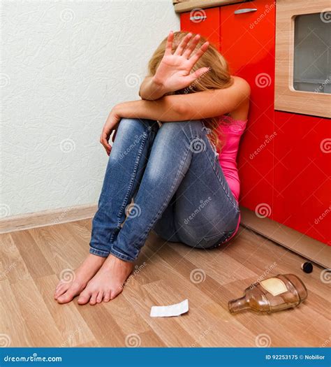 Drunk Woman Sits On The Floor At The Kitchen Stock Image Image Of