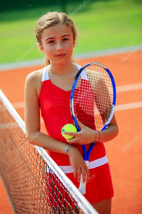 Tennis Beautiful Young Girl Tennis Player On The Tennis Court Stock