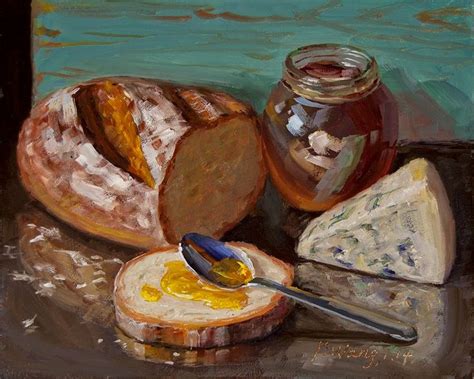 An Oil Painting Of Bread And Butter On A Table With A Jar Of Honey Next