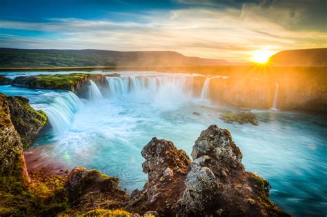 Incentive Isalnd Iceland Godafoss At Sunset Beautiful Waterfall Long