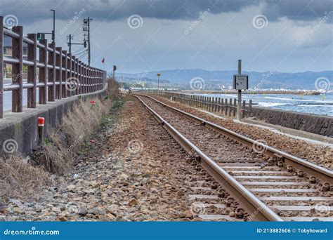 Railway Tracks Of The Himi Takaoka Coastal Line Toyama Japan Stock