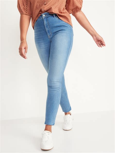 High Waisted Rockstar Stretch Super Skinny Cut Off Ankle Jeans For