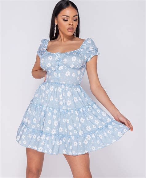 Pale Blue Daisy Floral Frill Detail Button Up Front Mini Dress Dress Mini Dresses Summer