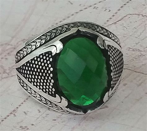 Turkish Ottoman Green Emerald Gemstone 925 Sterling Silver Mens Ring