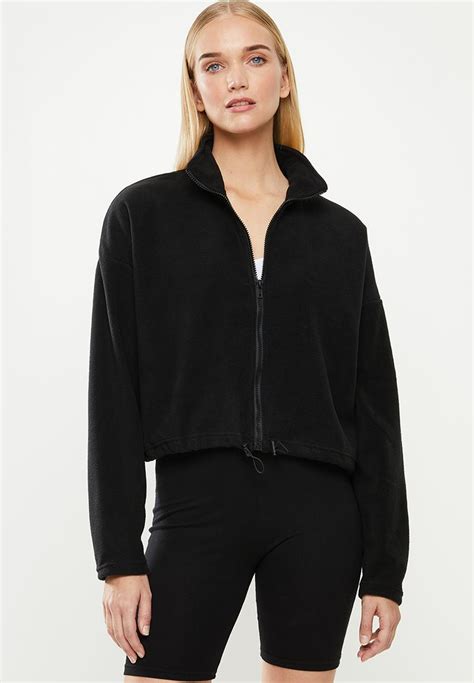 Crop Zip Through Polar Fleece Jacket Black Factorie Hoodies And Sweats